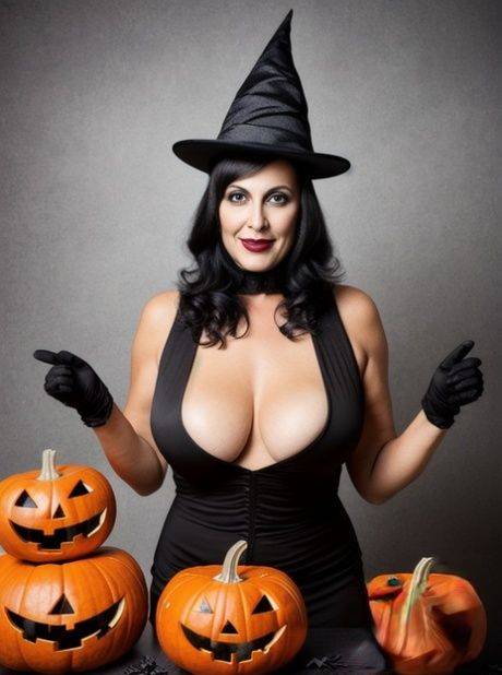 Buxom AI generated MILF Sasha Lansday teases with her big boobs on Halloween - #3