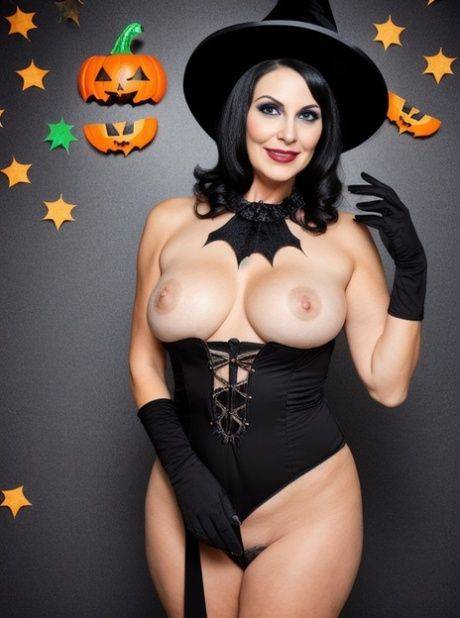 Buxom AI generated MILF Sasha Lansday teases with her big boobs on Halloween - #9