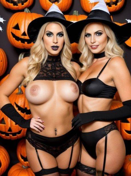 Blonde witches unveil their big juggs and pose in sexy costumes and lingerie - #6