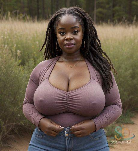 Chubby AI generated ebony babe Chanel shows her big boobs outdoors - #2