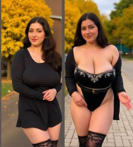 AI generated brunette with big boobs poses nude outdoors and fully clothed too - #10