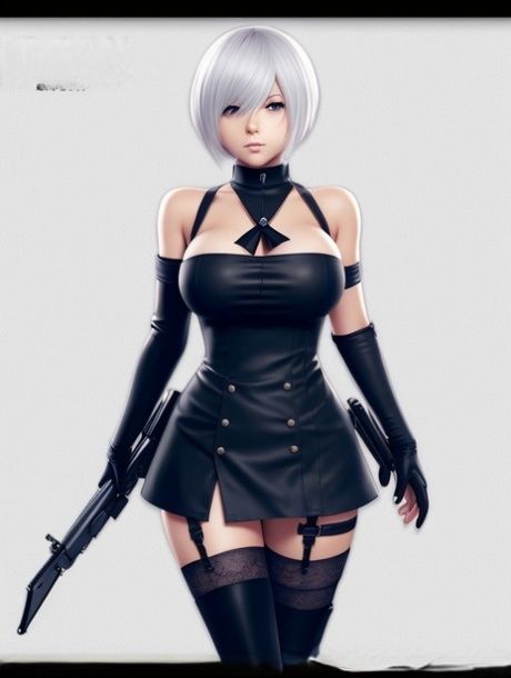 Anime cartoon character Yorha 2b shows off her big round breasts - #1