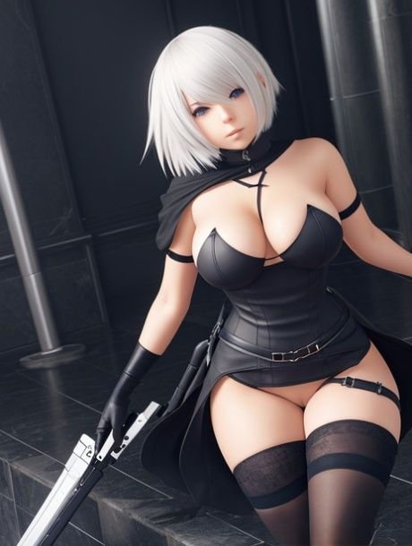 Anime cartoon character Yorha 2b shows off her big round breasts - #2