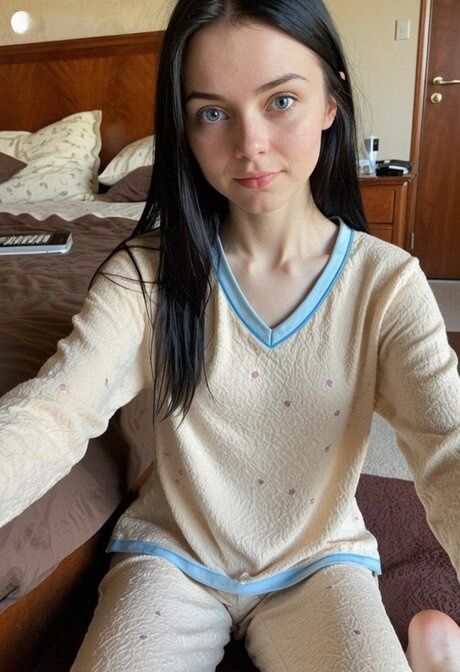 Nice teen with striking eyes exposes tiny tits in a bedroom setting - #10