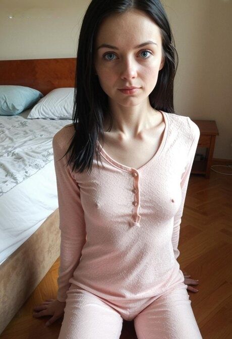 Nice teen with striking eyes exposes tiny tits in a bedroom setting - #8