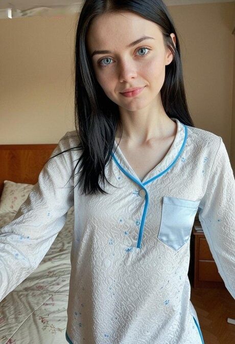 Nice teen with striking eyes exposes tiny tits in a bedroom setting - #1