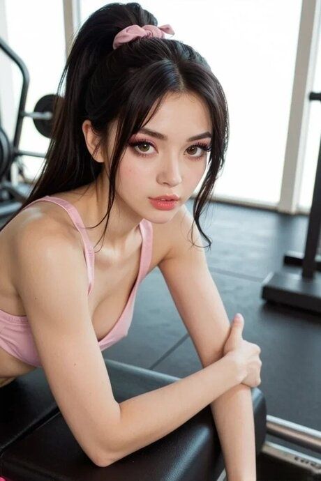 Petite brunette chick sports lipstick while showing her tits in a gym - #15