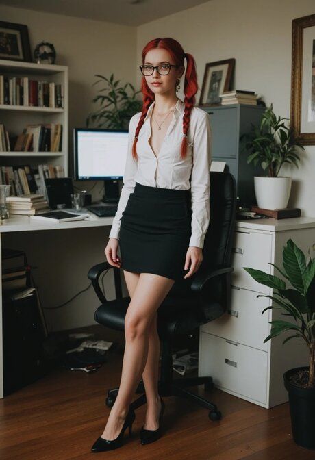 AI generated office worker with red hair has sex at work with glasses on - #5