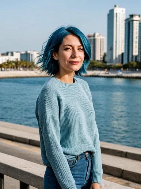 Blue-haired AI generated mom Molly posing in her lovely outfits in a solo - #9