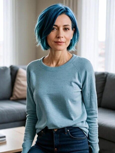 Blue-haired AI generated mom Molly posing in her lovely outfits in a solo - #1