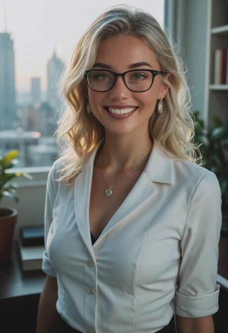 Nerdy AI generated babe Harper Madsen poses & rubs her muff at the office - #4