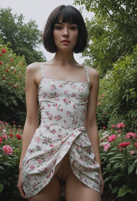 AI generated brunette with a skinny body has POV sex in a flower garden - #6