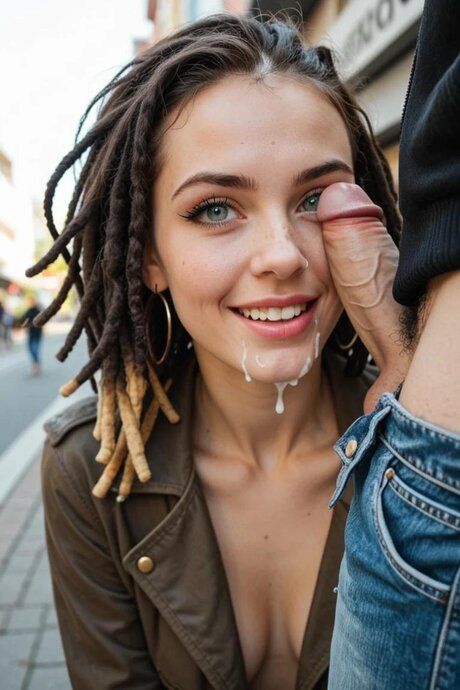 Gorgeous girl with dreadlocks displays her tattooed body on a city street - #9