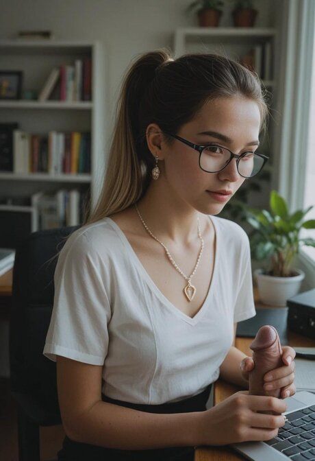 AI generated Asian office worker has sex at work with men and women in glasses - #10
