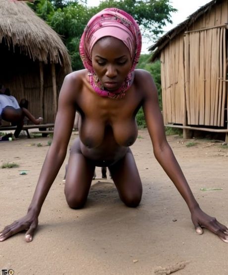AI generated black chick with big tits spreads her legs while naked outdoors - #6