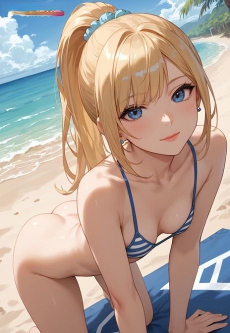 Cute blonde anime model shows her sexy body wearing bikinis at the beach - #9