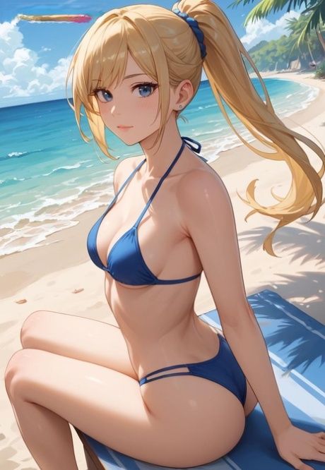 Cute blonde anime model shows her sexy body wearing bikinis at the beach - #2