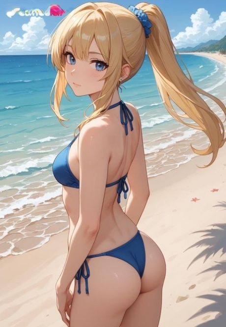 Cute blonde anime model shows her sexy body wearing bikinis at the beach - #1