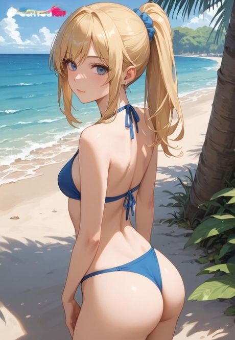 Cute blonde anime model shows her sexy body wearing bikinis at the beach - #10