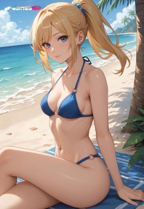 Cute blonde anime model shows her sexy body wearing bikinis at the beach - #3