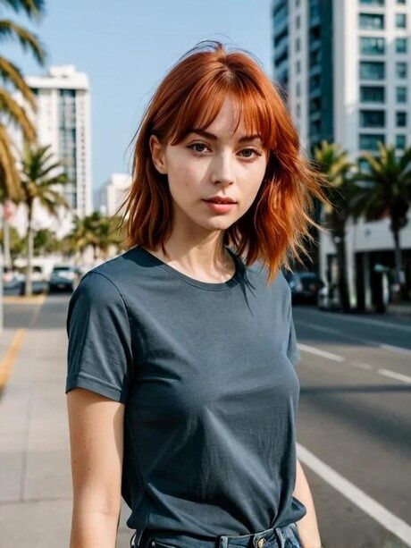 Petite AI generated ginger Emma Blind posing in her sexy outfits in public - #2