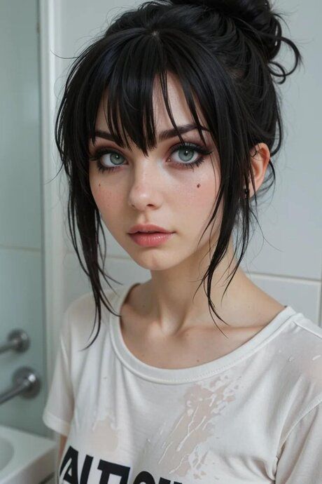 Dark haired AI generated girl gets on top of a big cock in a bathroom - #9