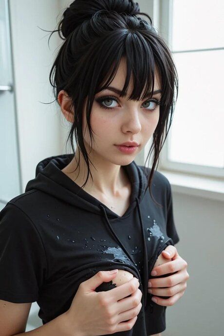 Dark haired AI generated girl gets on top of a big cock in a bathroom - #10