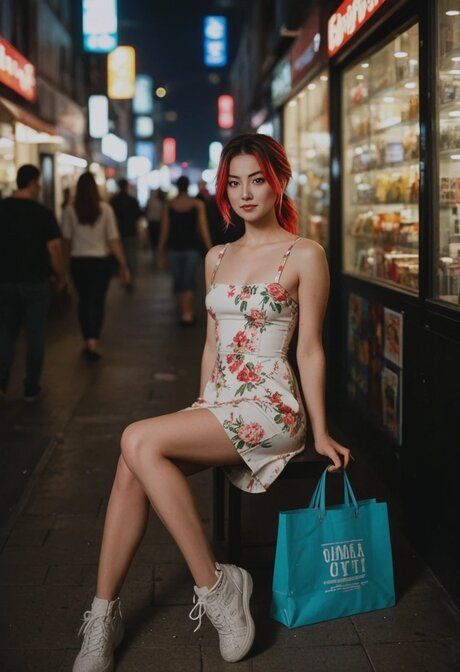 AI generated redhead poses nude on a city street with her hair in a ponytail - #1