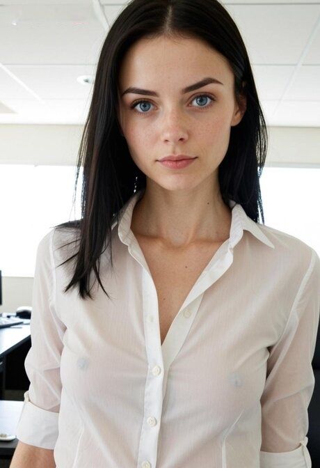 Pretty brunette with long hair and striking eyes uncovers her small tits - #1