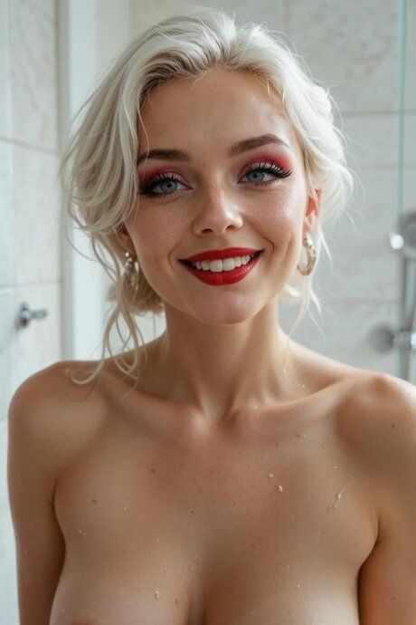 Beautiful blonde with red lips sucks on a cock while naked in the shower - #3