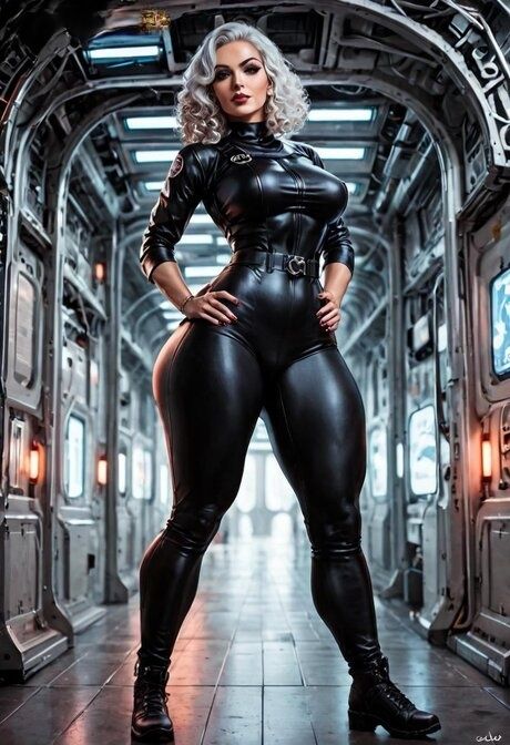 Hot brunette and a blonde model posing in the nude in a space station - #10