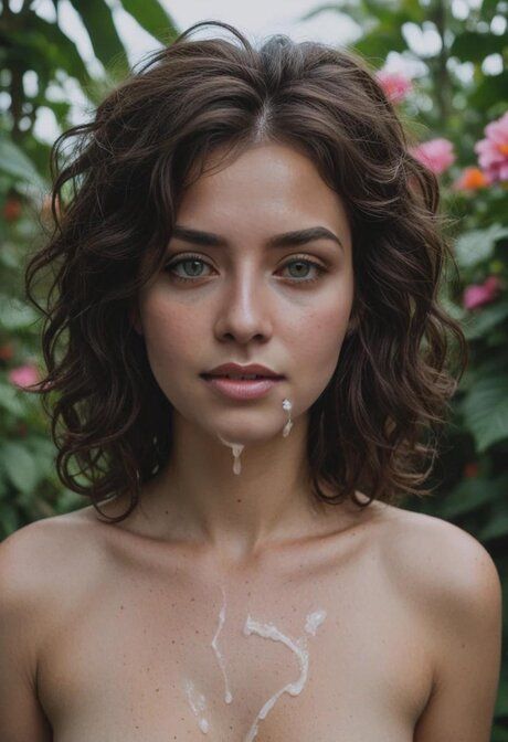 AI generated beauty drips sperm from her chin during sex in a flower garden - #14