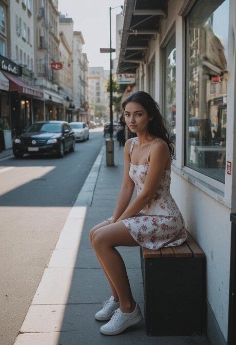 Slim AI generated brunette goes nude on a public street before fucking - #5