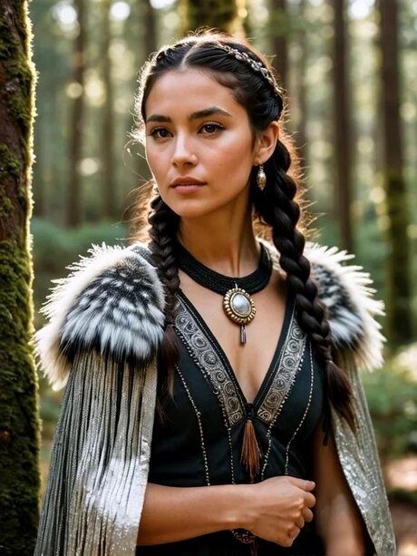 Solo model with dark hair stands in a forest in a variety of costumes - #9