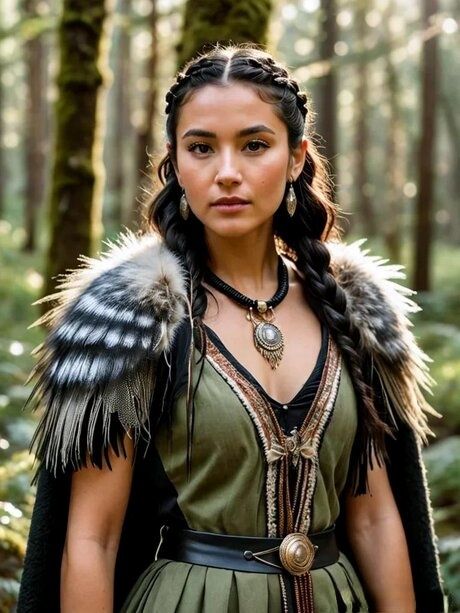 Solo model with dark hair stands in a forest in a variety of costumes - #4