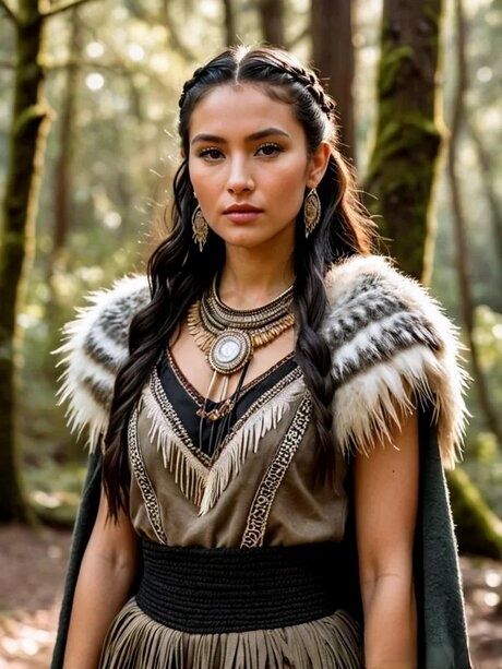 Solo model with dark hair stands in a forest in a variety of costumes - #11