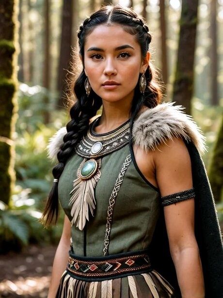 Solo model with dark hair stands in a forest in a variety of costumes - #1
