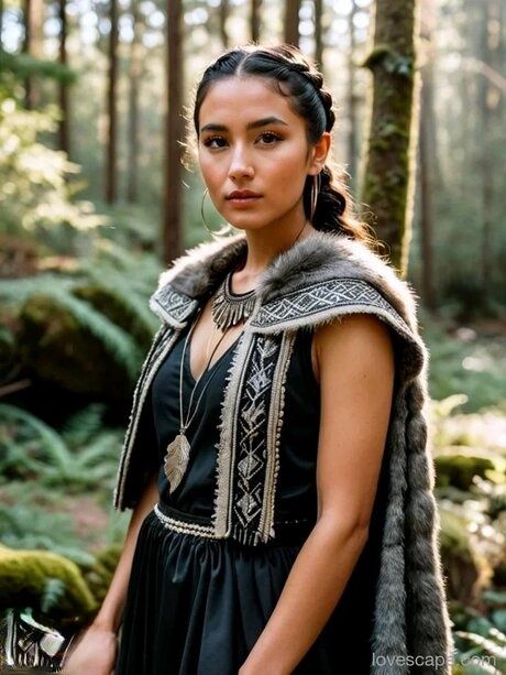 Solo model with dark hair stands in a forest in a variety of costumes - #8