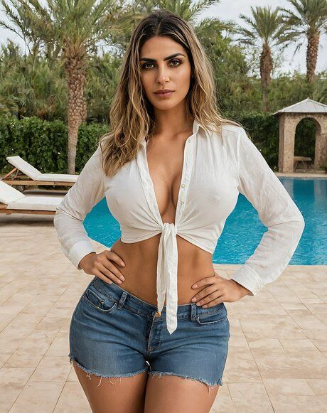 Athletic solo model with big naturals doffs a bikini to stand naked by a pool - #4