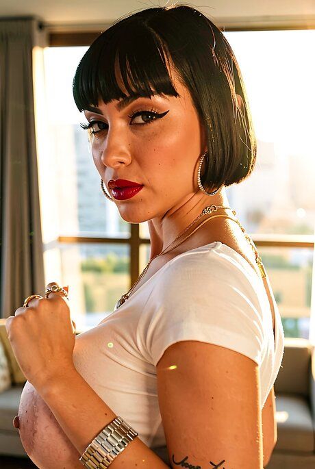Beautiful woman with red lips frees her large boobs from a white crop top - #1