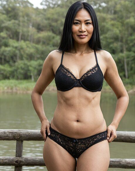 Dark-haired Asian mature woman gets completely naked near a body of water - #1