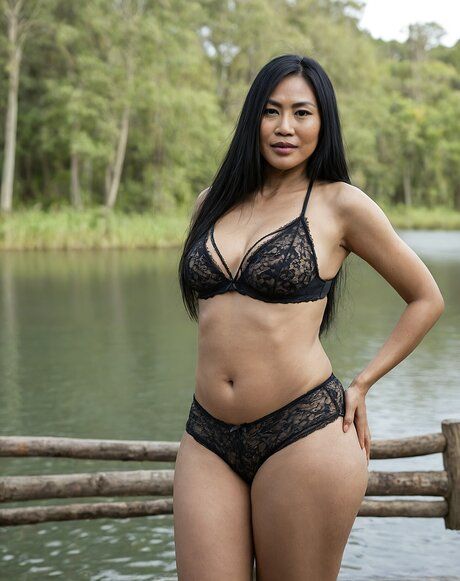 Dark-haired Asian mature woman gets completely naked near a body of water - #2