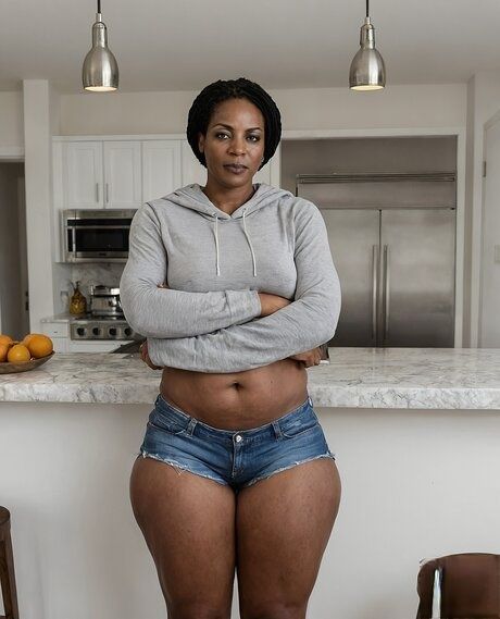 Ebony female removes her clothes to model in the nude in a kitchen - #5