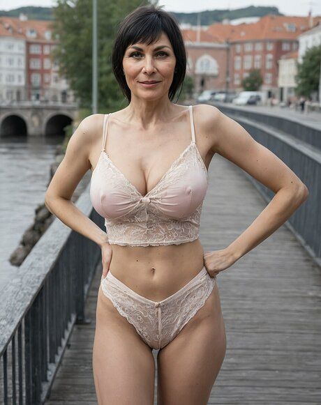 Hot granny with a flat stomach gets naked on a bridge over a river - #3