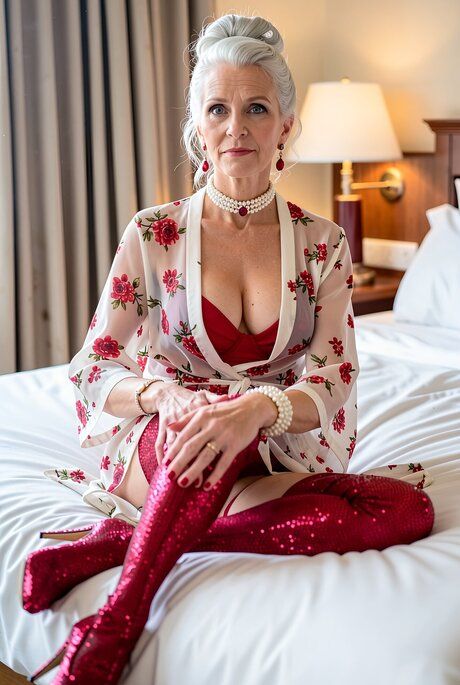 Hot granny shows her nice tits and twat on a bed in red silk hosiery - #4