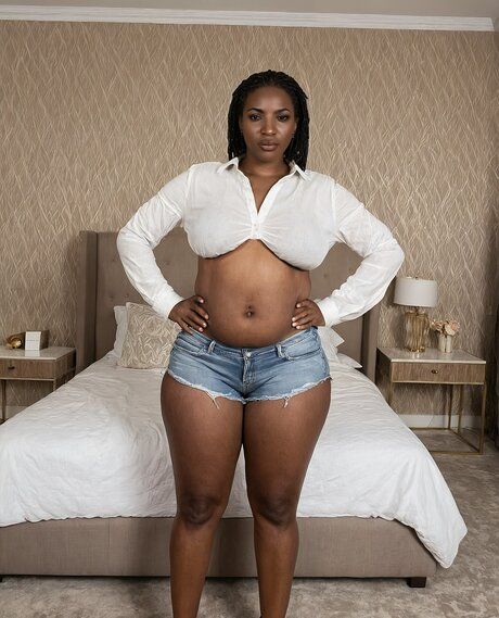 Hugely busty women poses naked before being clothed in a black mesh bodystocking - #2