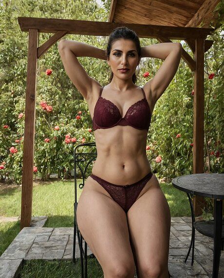 Solo model with curves stands up from her patio bench to go nude - #1