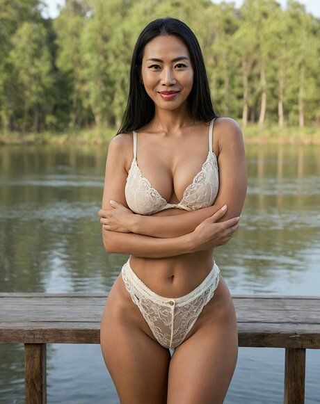 Beautiful Asian girl gets completely naked on a dock near a body of water - #8