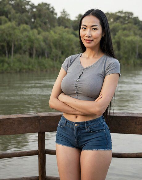 Beautiful Asian girl gets completely naked on a dock near a body of water - #1