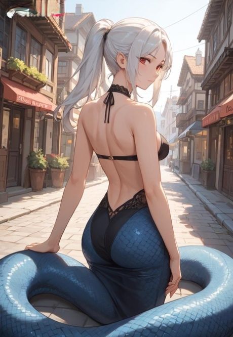 AI generated platinum blonde mermaid with big eyes shows her tits on a road - #7